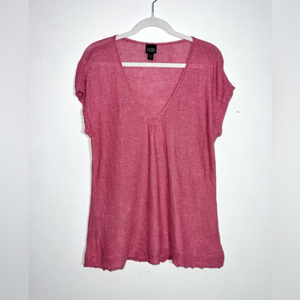 Eileen Fisher 100% Hemp V Neck Tunic Woman’s Large Pink Short Sleeve